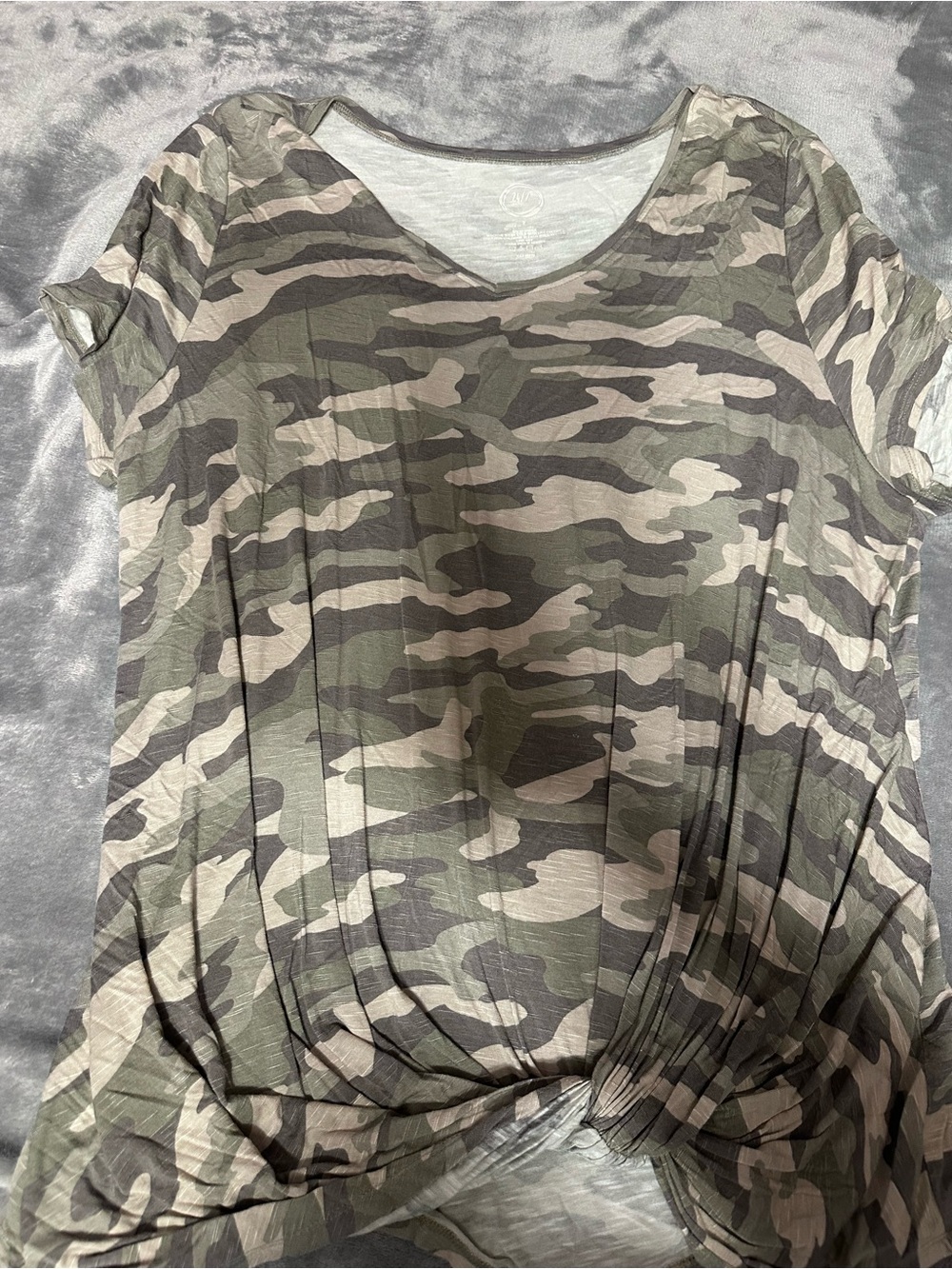 Maurices Olive and Taupe Camo Short Sleeve Twist-Hem Tee